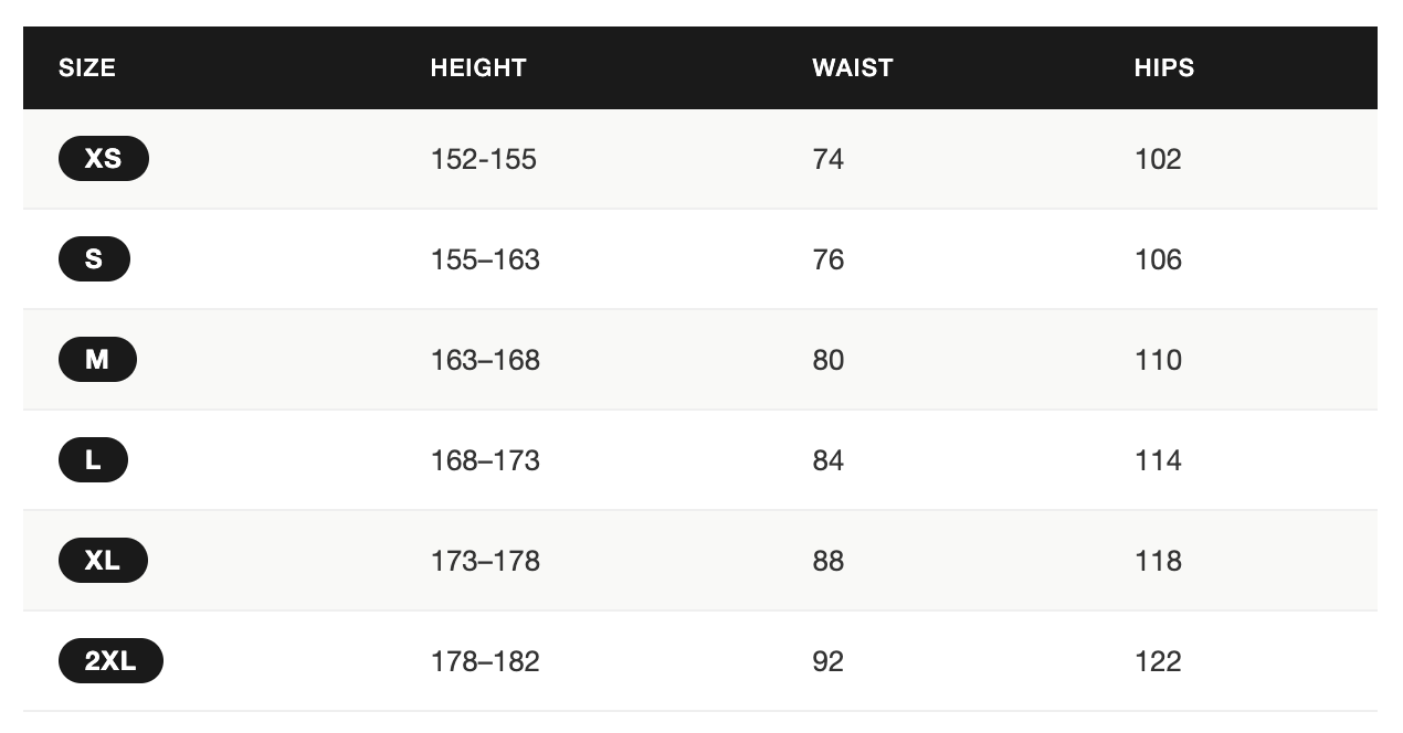Size chart for height, waist, and hips with measurements in centimeters.